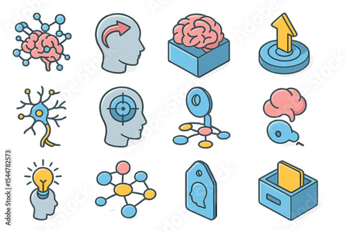 Illustrated cognitive and brain icon set with various conceptual designs