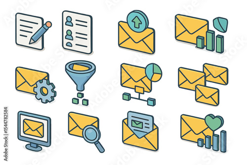 Colorful email and data icon set with envelopes and charts