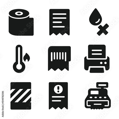 Thermal Printing Icons. Solid, filled icons set of thermal printing paper: thermal roll, POS receipt,
