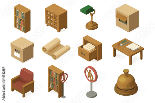Isometric library elements with bookshelves, furniture, and office supplies