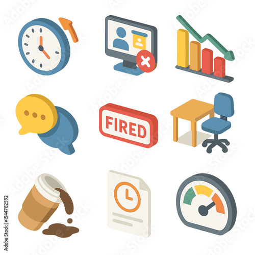 Workplace Impact Icons. Isometric Flat icon set of workplace impacts: tardy clock, missed meeting screen, low performance chart,