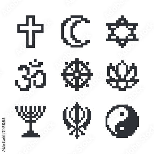 World Religions Icons. Pixel art icon set of world religions symbols: cross, crescent, Star of David, Om symbol, Dharma wheel,