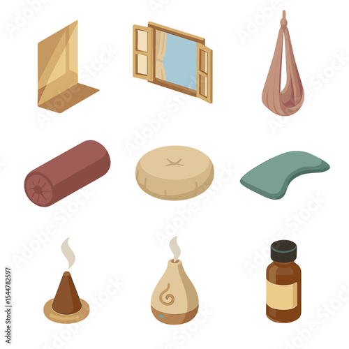 Yin Yoga Icon Set. Isometric Flat icon set of yin yoga in a sunlit room: sunbeam shaft, open window, silk hammock, bolster pillow,
