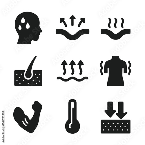 Thermoregulation Icon Set. Solid, filled icons set of thermoregulation mechanisms: sweating icon, vasodilation