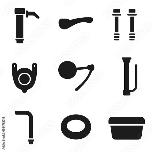 Toilet Mechanism Icons. Solid, filled icons set of common toilet tank mechanisms: fill valve, flush lever,