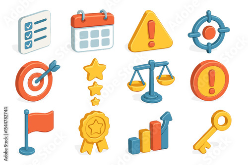 Colorful 3d business icons featuring targets and awards