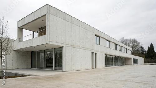 Modern concrete building with large glass windows and minimalist design.