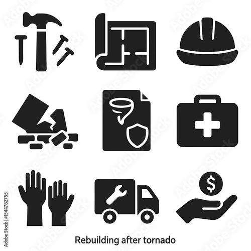 Tornado Recovery Icons. Solid, filled icons set of rebuilding after tornado: hammer and nails, blueprint,