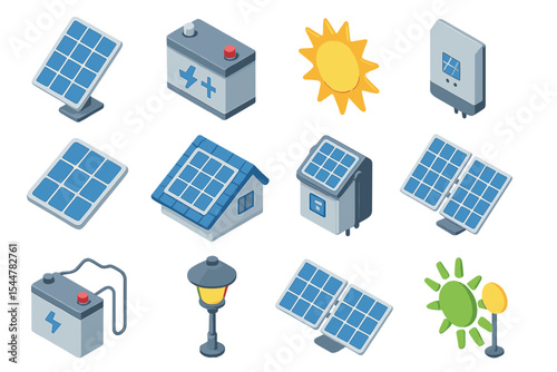 Isometric solar energy icons featuring panels, batteries, and sun symbols