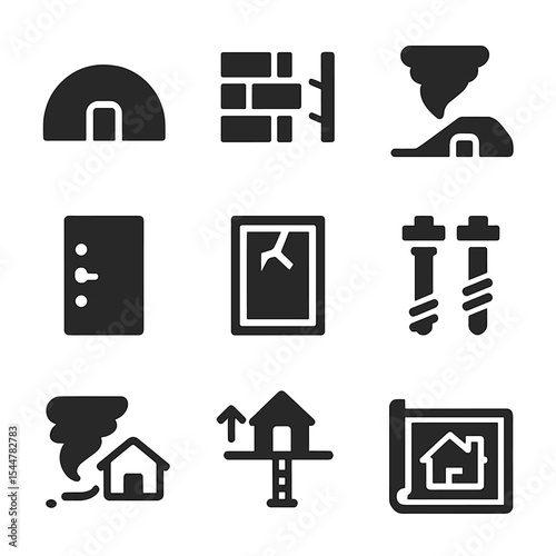Tornado-Resistant Architecture Icons. Solid, filled icons set of tornado-resistant architecture: dome shelter,