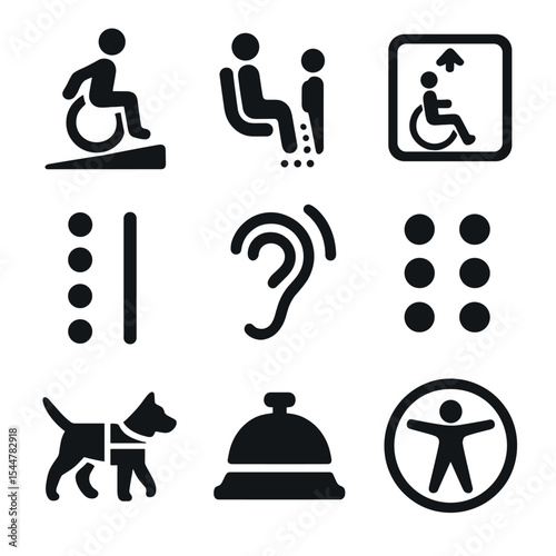Transport Accessibility Icons. Solid, filled icons set of transport accessibility: wheelchair ramp, priority