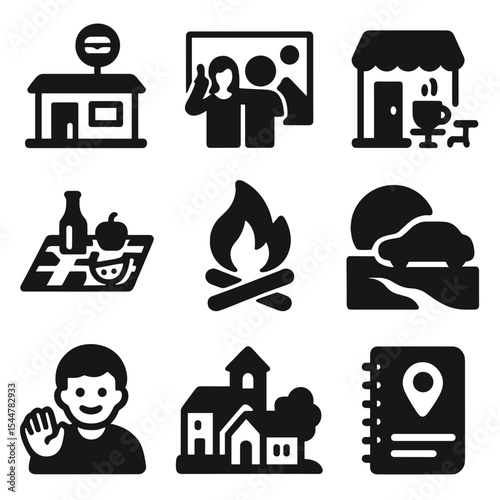 Travel Icon Collection. Solid, filled icons set of fun trip moments: roadside diner, photo op, local café,
