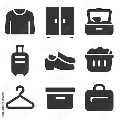 Travel and Home Icons. Solid, filled icons set of travel and home balance: folded sweater, closet icon, open suitcase, suitcase handle, shoes, laundry icon, hanging hook, shelf bin, travel bag.
