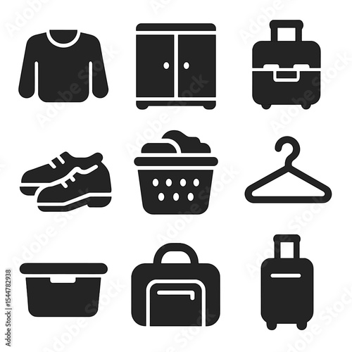 Travel and Home Icons. Solid, filled icons set of travel and home balance: folded sweater, closet icon, open suitcase, suitcase handle, shoes, laundry icon, hanging hook, shelf bin, travel bag.