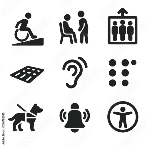 Transport Accessibility Icons. Solid, filled icons set of transport accessibility: wheelchair ramp, priority