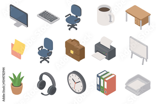 Office supplies icons: desk, computer, coffee, printer, chair, clock