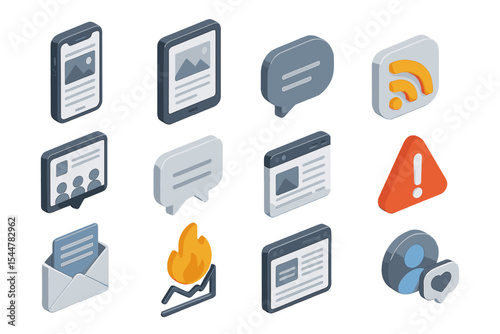 Isometric icons: communication, alert, email, rss, fire, chat, mobile, web
