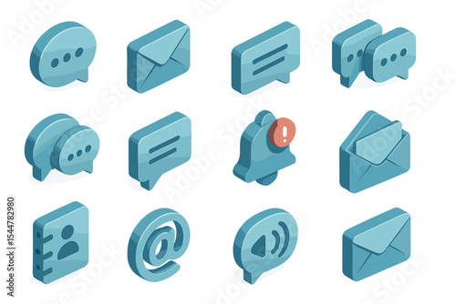 Blue 3d messaging icons with notification symbols on textured background