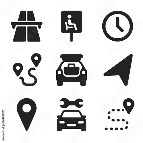 Travel Planning Icons. Solid, filled icons set of long-distance travel scheduling: highway icon, rest area