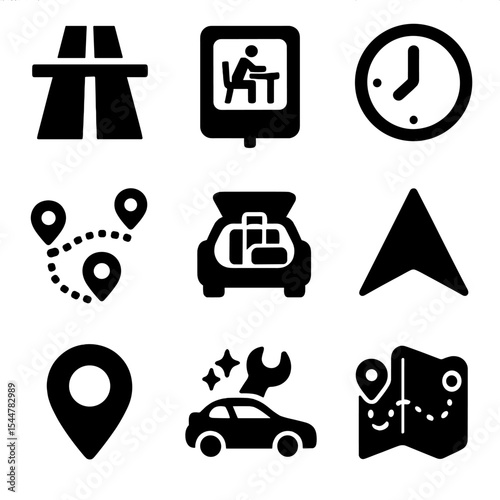 Travel Planning Icons. Solid, filled icons set of long-distance travel scheduling: highway icon, rest area