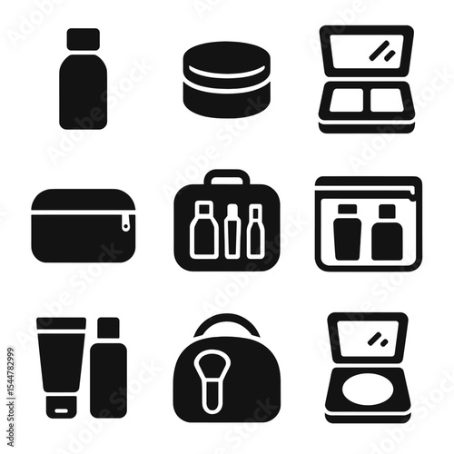 Travel Vanity Icons. Solid, filled icons set of travel vanity setup: mini bottle, travel jar, compact palette,