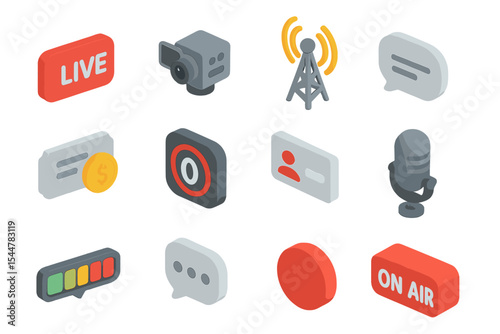 Isometric media icons set: live, broadcast, chat, money, microphone