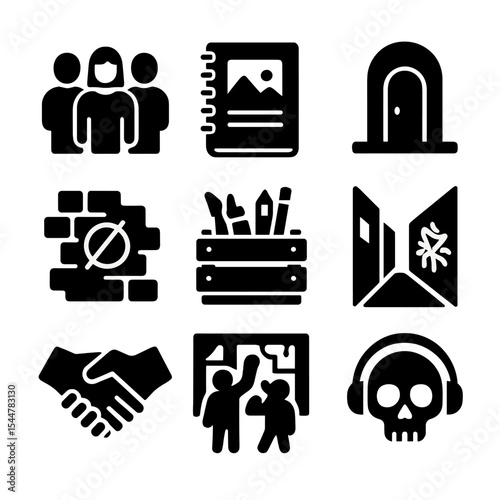 Underground Art Icons. Solid, filled icons set of underground art communities: artist group, sketchbook icon,
