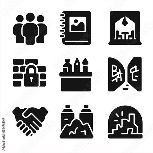Underground Art Icons. Solid, filled icons set of underground art communities: artist group, sketchbook icon,