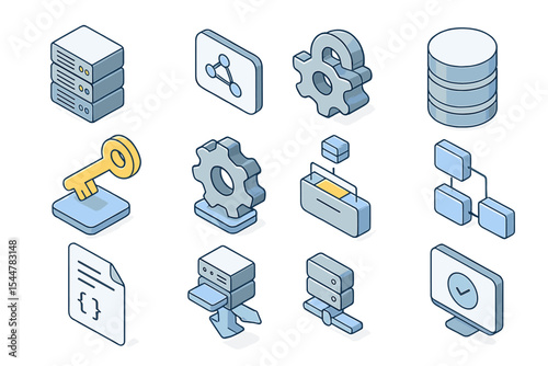 Isometric technology icons for network and data management
