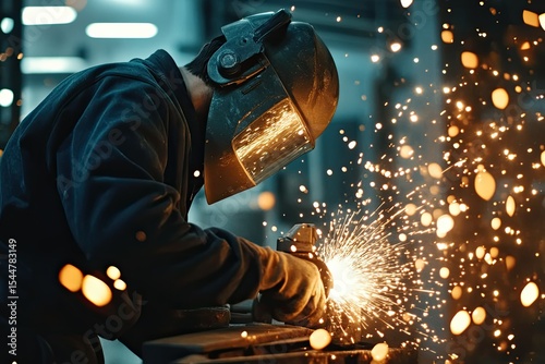 Vibrant Image of Man in Protective Mask is Cutting Metal and Sparks Are Flying Away