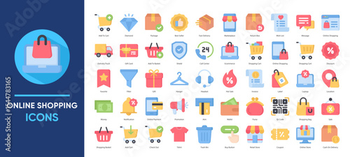 50 online shopping icons featuring carts, discounts, payments, delivery, and customer service. Ideal for e-commerce, mobile apps, websites, and digital marketing materials.