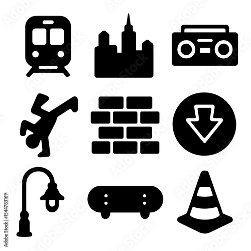 Urban Icon Set. Solid, filled icons set of iconic urban symbols in street art: subway train, city skyline,