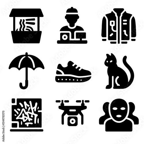 Urban Cyberpunk Icons. Solid, filled icons set of urban cyberpunk street life: street noodles, tech vendor,