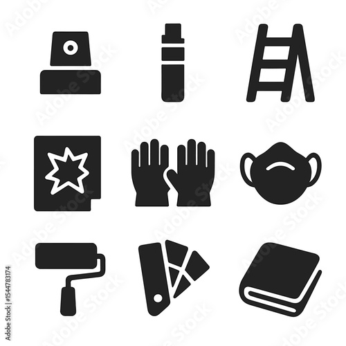 Urban Art Tools Icons. Solid, filled icons set of urban art tools: spray nozzle, paint marker, ladder, stencil