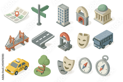 Set of cartoon city icons: buildings, transport, and navigation