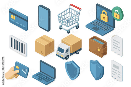 E-commerce and online security isometric icons set