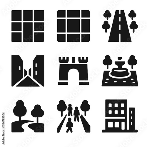 Urban Planning Icons. Solid, filled icons set of urban planning elements: grid layout, central square, 