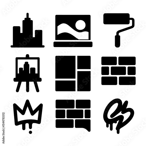 Urban Painting Icons. Solid, filled icons set of urban painting scenes: city skyline, mural wall, paint roller