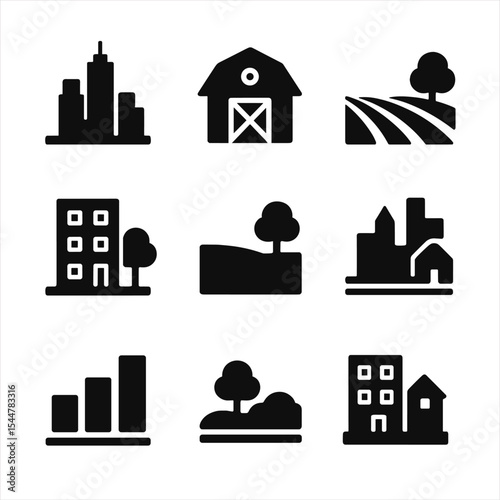 Urban Rural Icons. Solid, filled icons set of urban vs rural contrast: city skyline, rural barn, farmland,