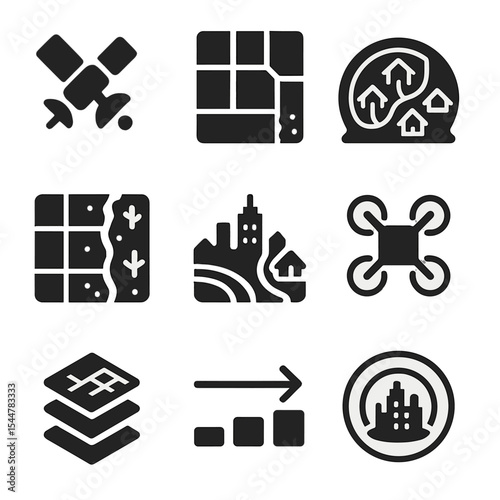 Urban Sprawl Icons. Solid, filled icons set of satellite and aerial imagery of sprawl: satellite icon, aerial