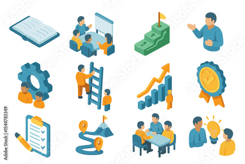 Isometric business icons: teamwork, success, innovation featuring diverse individuals
