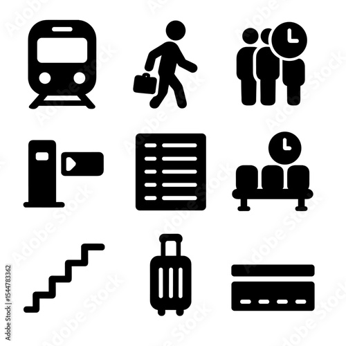 Urban Travel Icons. Solid, filled icons set of daily urban travel: subway icon, commuter icon, busy hour icon, ticket gate, timetable, waiting area, stairs icon, luggage, platform icon.