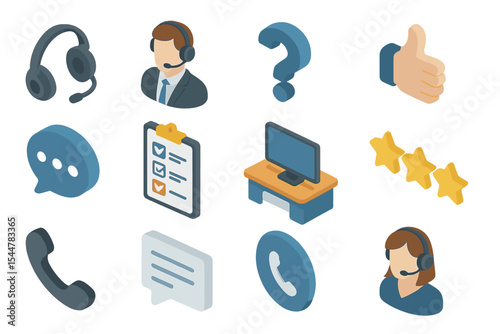 Isometric customer service icons with headset and communication symbols