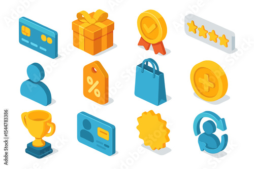 Isometric shopping icons with credit card, gift, rating, and shopping bag