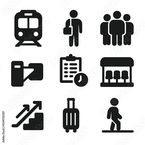 Urban Travel Icons. Solid, filled icons set of daily urban travel: subway icon, commuter icon, busy hour icon, ticket gate, timetable, waiting area, stairs icon, luggage, platform icon.