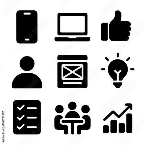 User Experience Icons. Solid, filled icons set of user experience testing: smartphone icon, laptop icon, thumbs up, user profile, wireframe icon, idea icon, checklist, team discussion, analytics icon.