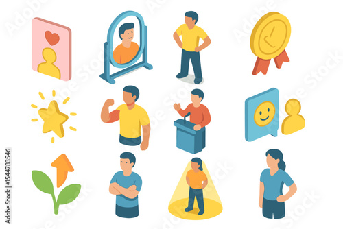 Colorful isometric characters displaying various emotions and actions