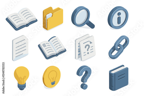 Isometric icons of books, folders, magnifying glass, and light bulb