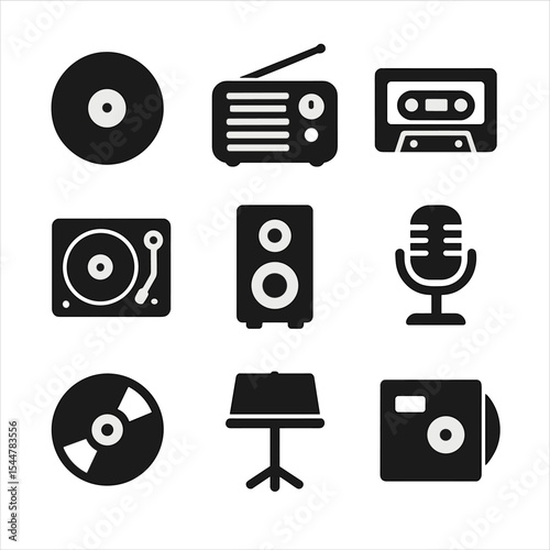 Vintage Music Icons. Solid, filled icons set of vintage music and media: vinyl record, retro radio, classic cassette, record player, antique speaker, vintage mic, CD, music stand, secondhand album.