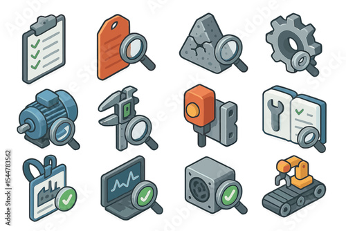 Industrial equipment and tools icons with magnifying glasses and checkmarks